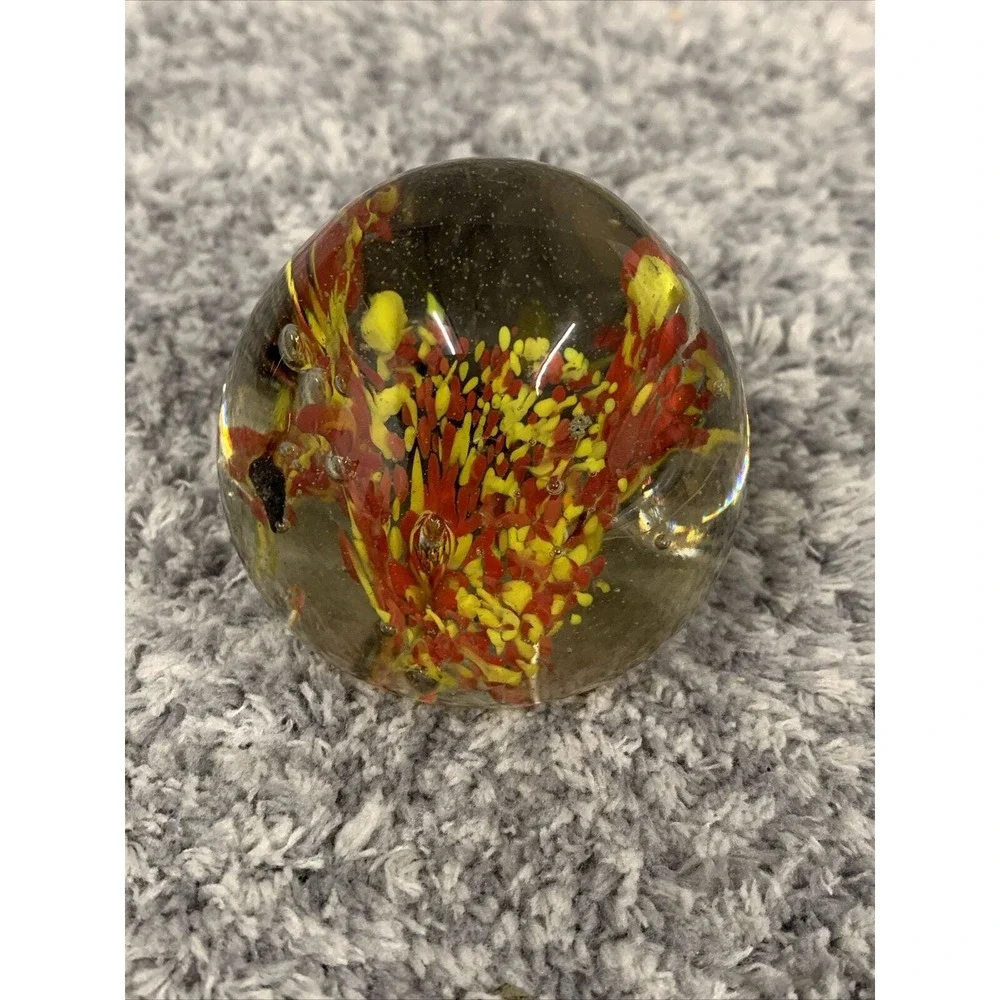 4 Hand Blown Art Glass Paperweight Bubble Sphere Yellow‎ Orange Blue Red